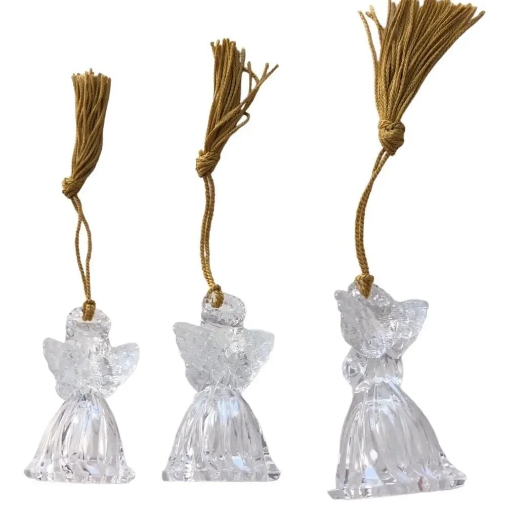 SET 3 VINTAGE GORHAM LEAD CRYSTAL ANGEL ORNAMENTS WITH GOLD TASSELS